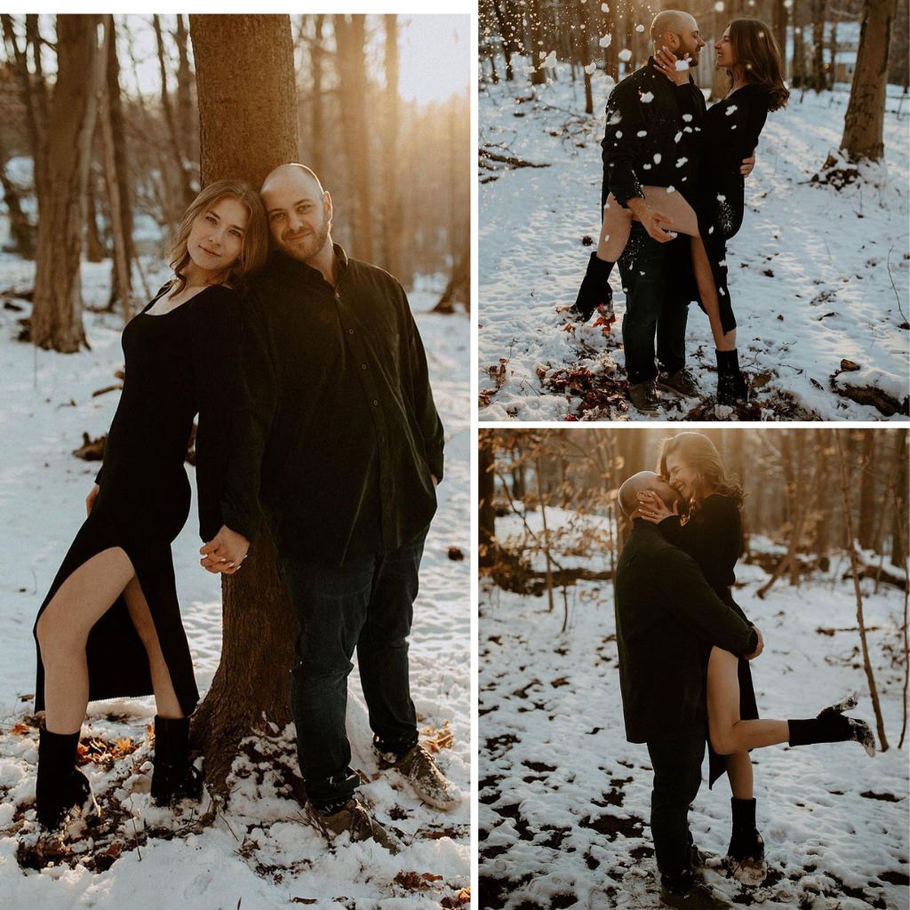 A moody winter engagement photo sessions with the couple wearing all black