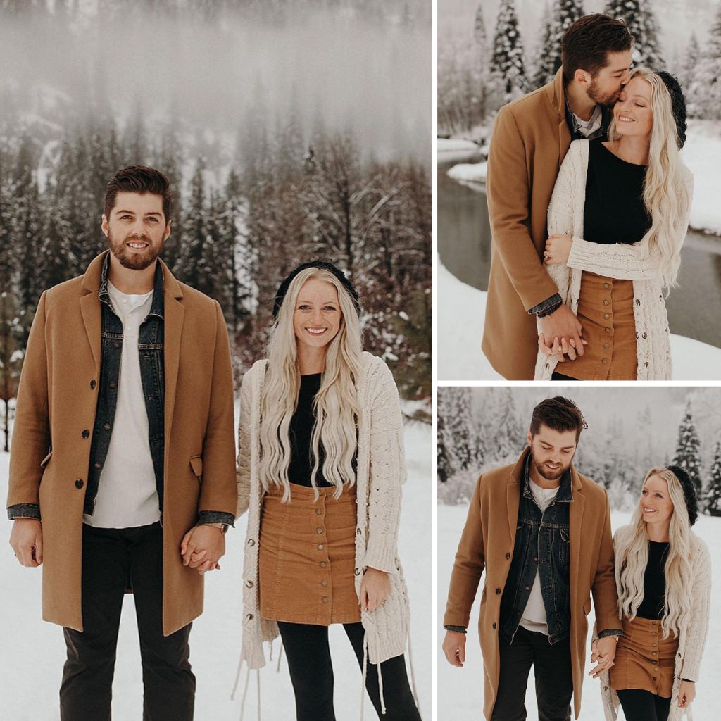 A stylish couple posing for winter engagement photos in neutral color outfits