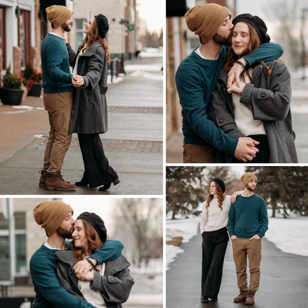 Casual and stylish winter engagement photos with a girl in black coat and guy in a green sweater