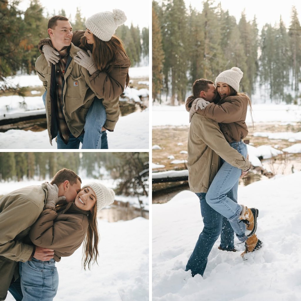 A casually dressed couple posing for winter engagement photos
