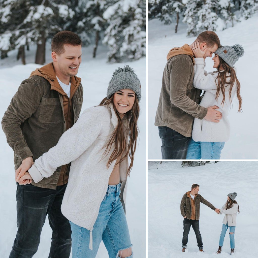 cute winter engagement photos in the snow with the girl wearing jeans