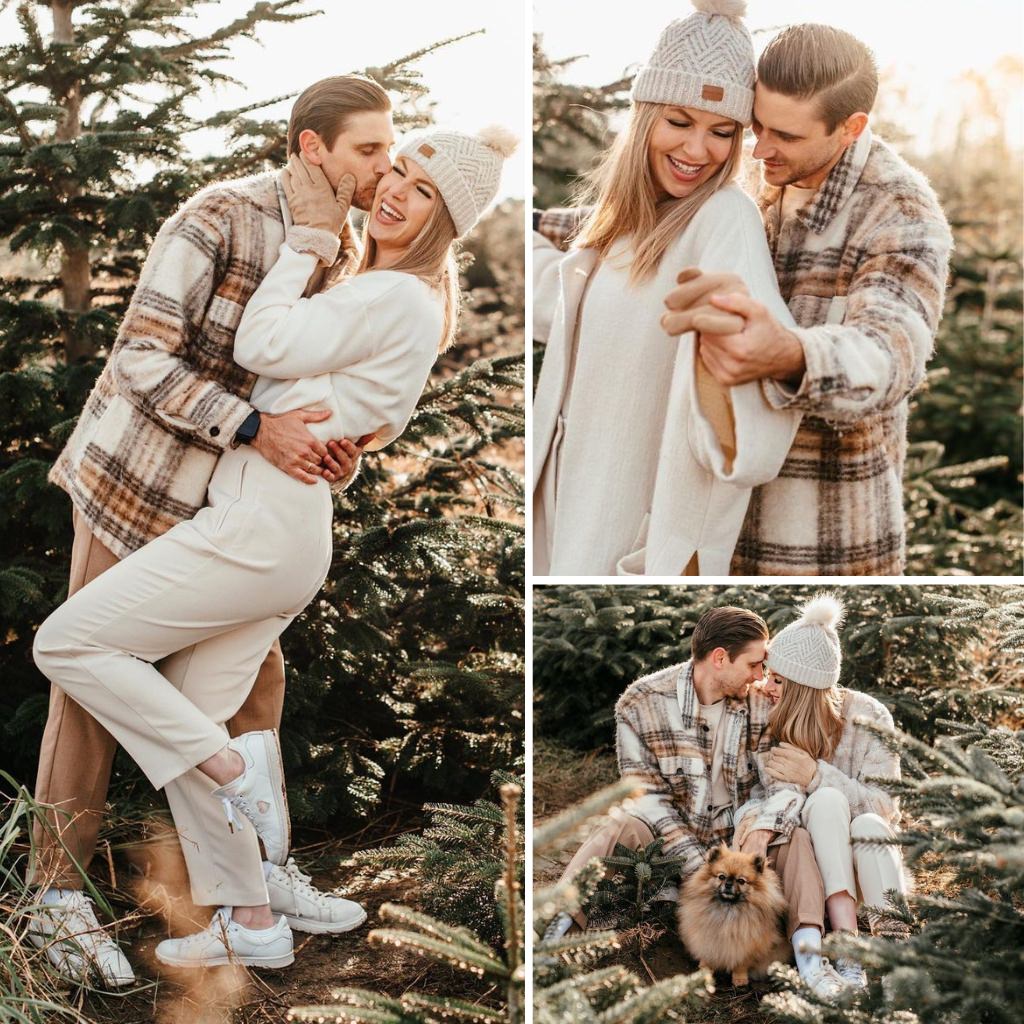 A stylish couple posing for winter engagement photos in cute outfits