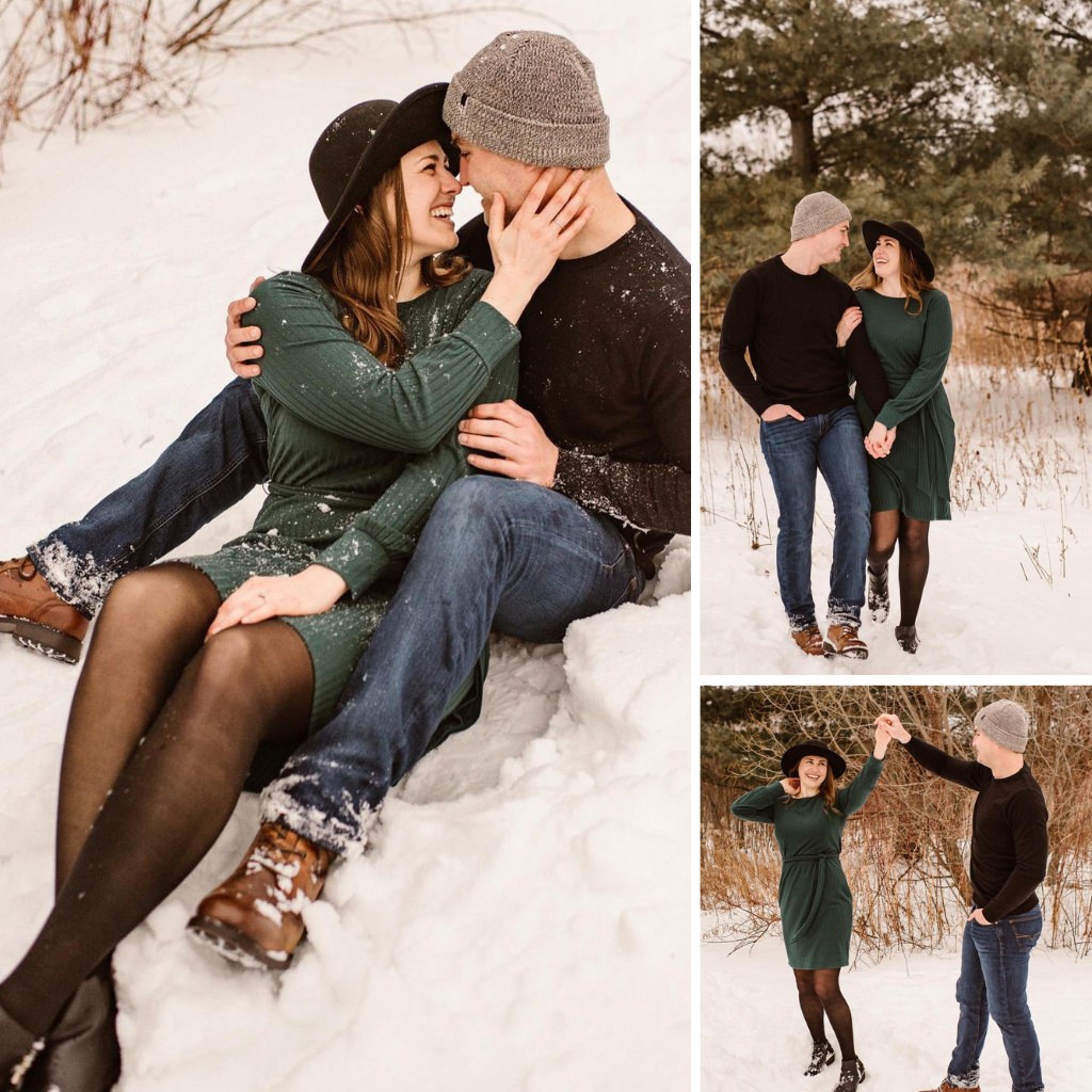 A couple posing for engagement pictures with the girl in a green dress