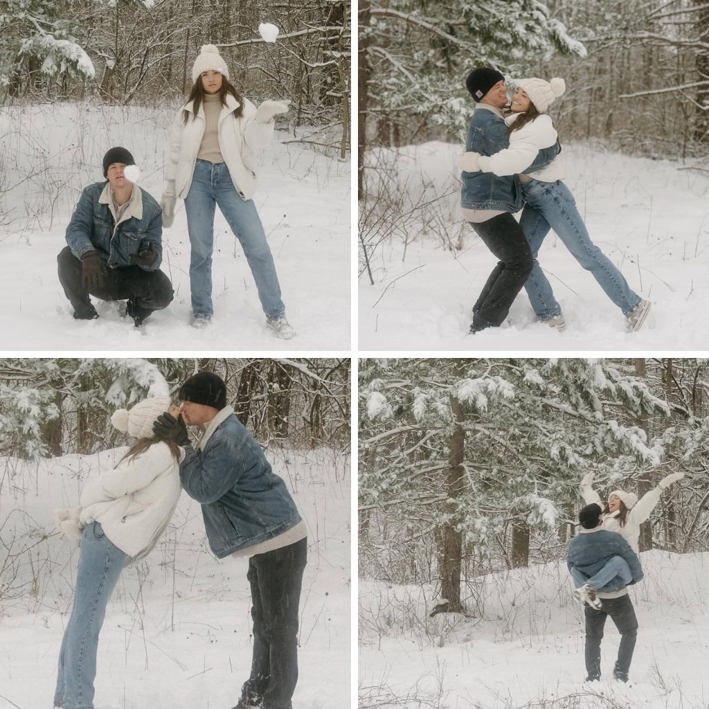 A casual engagement photo session in winter with the couple wearing denim and playing in the snow