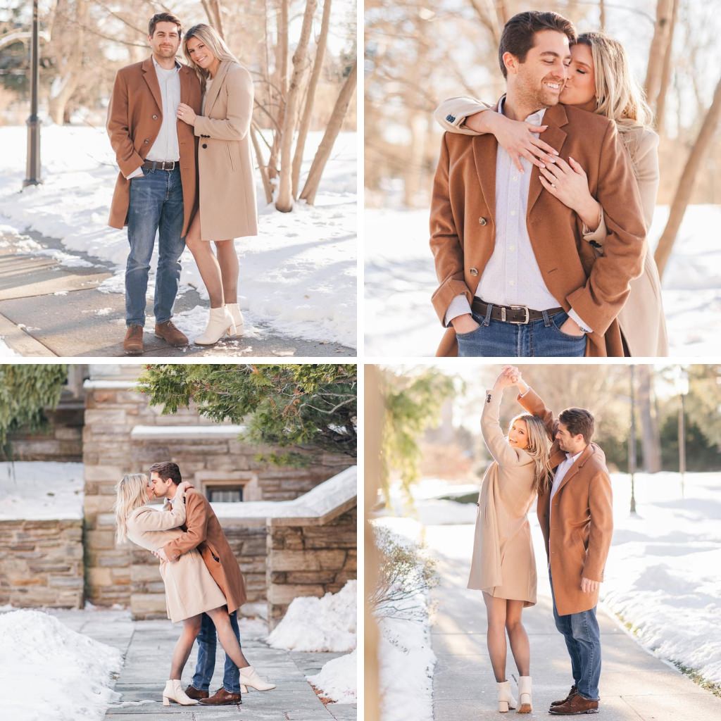 A man and woman posing for winter engagement photos. They are wearing neutral toned outfits