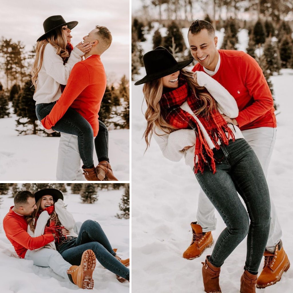 A fun winter engagement session with the couple wearing bright outfits an being playful in the snow
