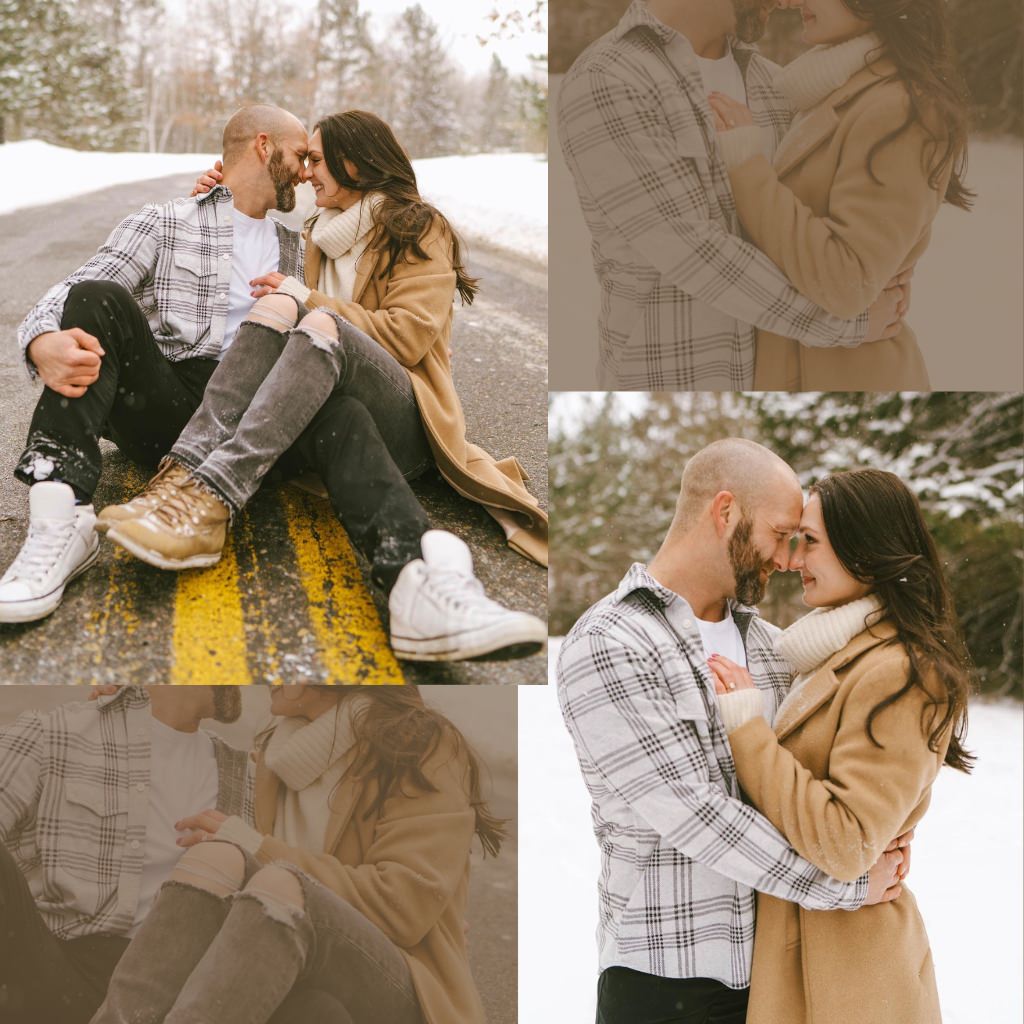 A couple posing for winter engagement photos in the road