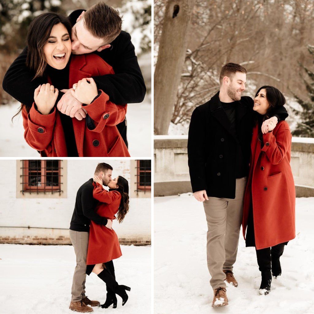 A winter engagement photo collage with a woman in a red coat