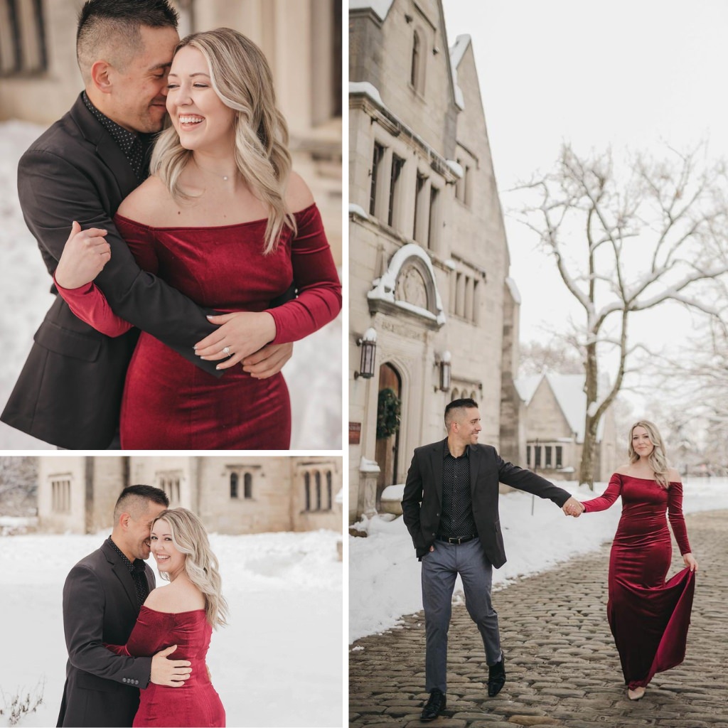 A couple posing for engagement photos with a snowy backdrop and the woman is wearing a red velvet dress