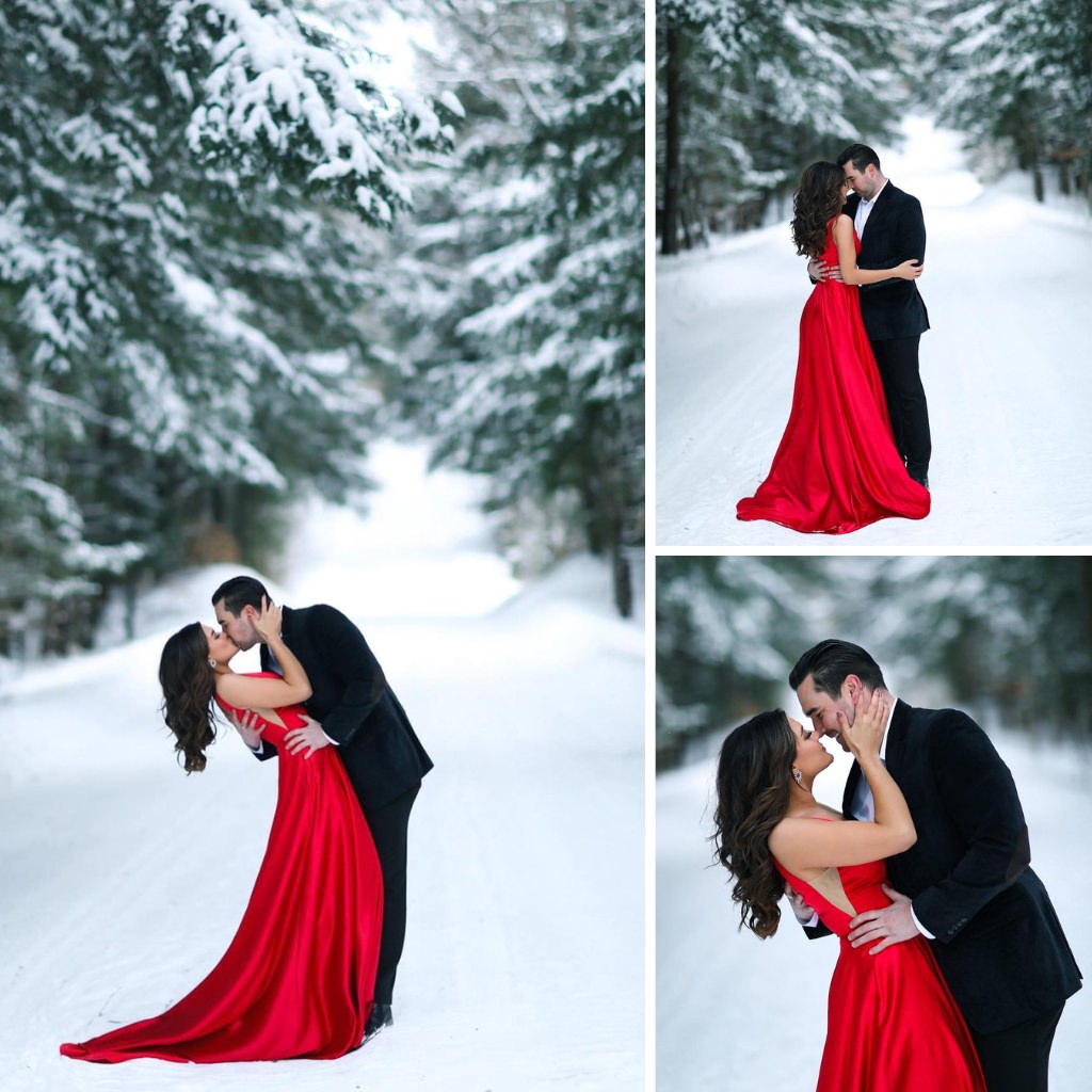 A beautiful winter engagement photoshoot with the woman wearing a bright red dress