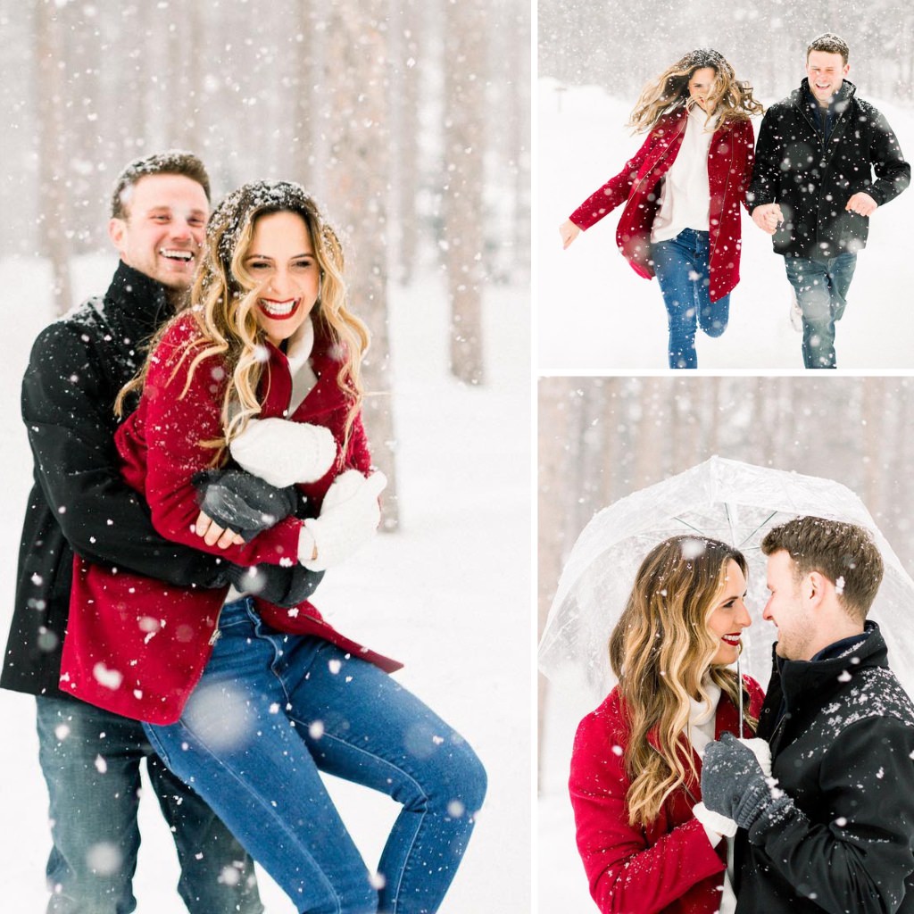 A couple posing and being playful during their winter engagement photos. The woman is wearing a bright red coat