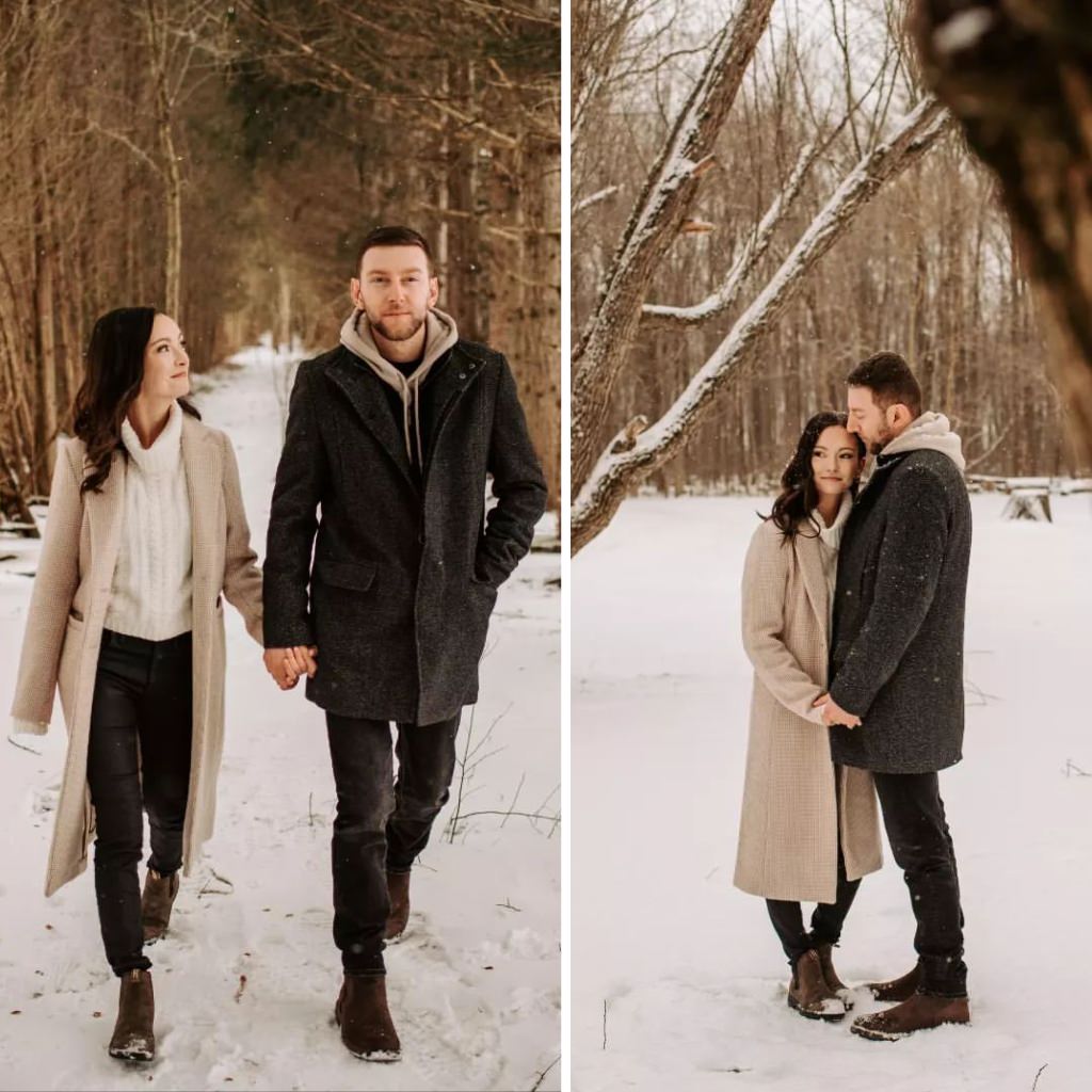 A stylish modern couple posing for winter engagement photos wearing cool outfits