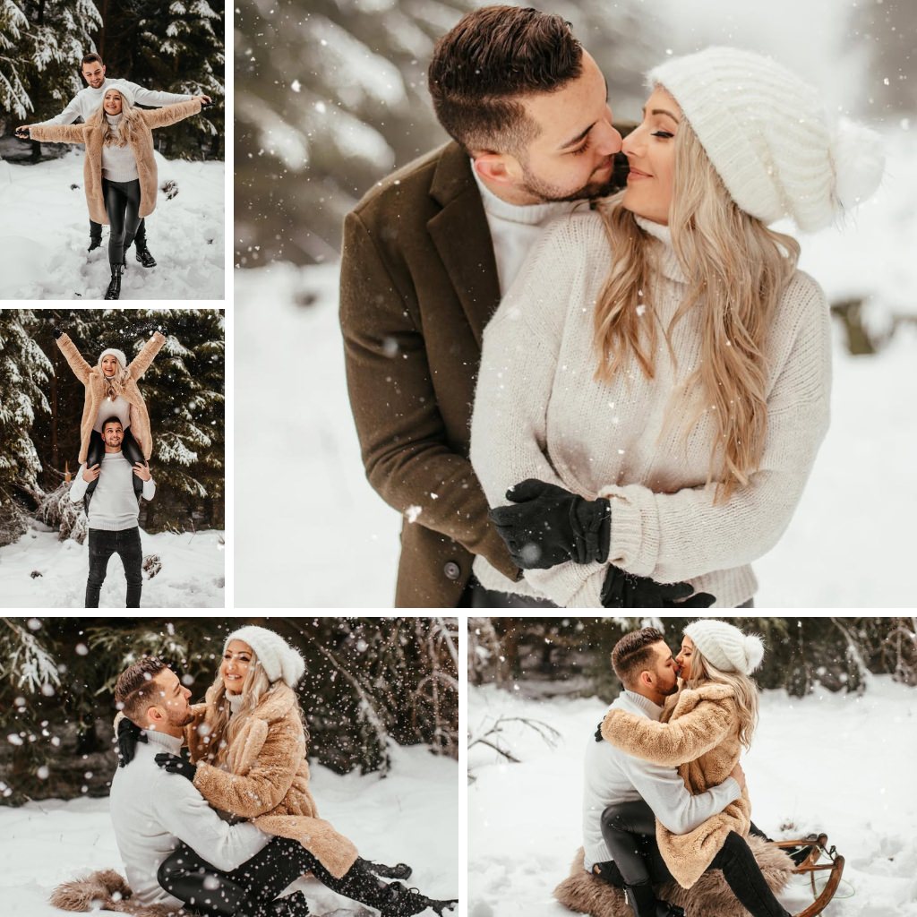 A couple posing for engagement photos in the snow wearing winter outfits