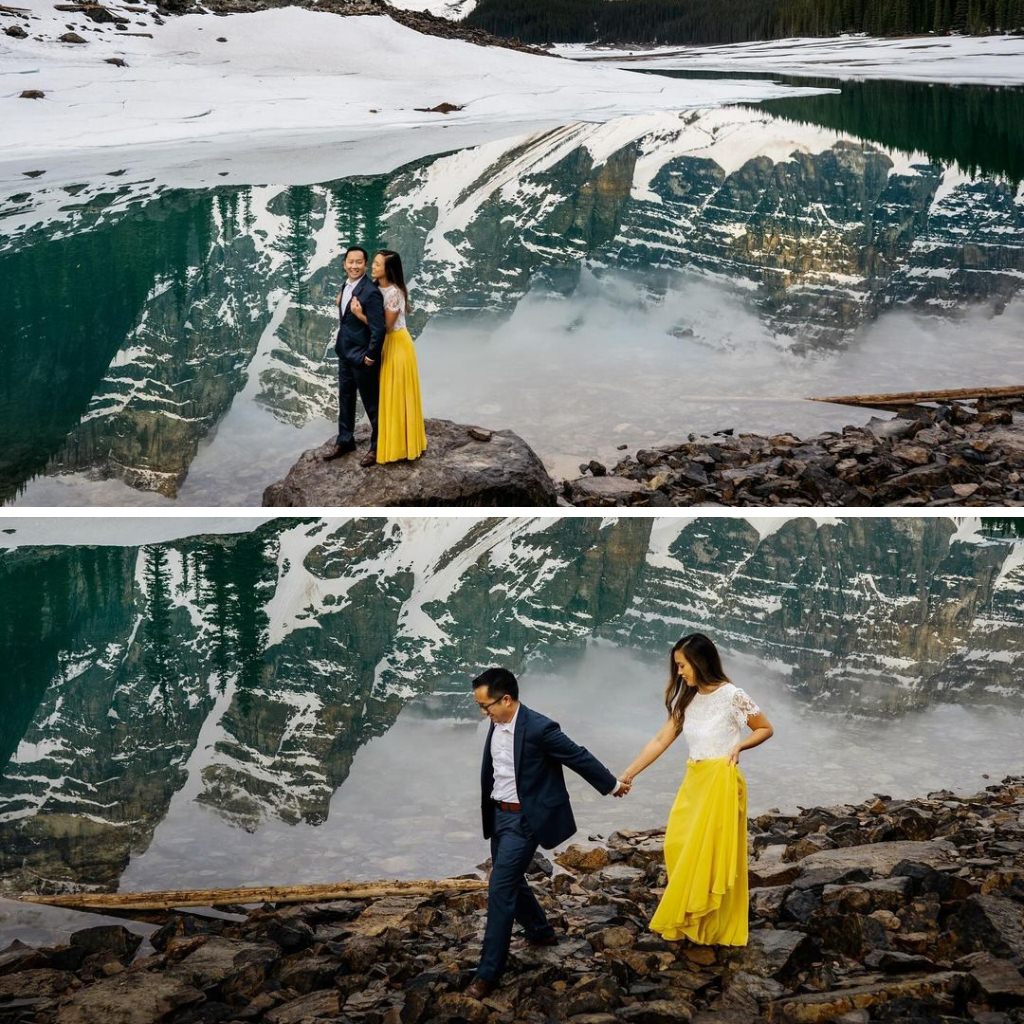 A stunning winter engagement photo session in Canada with the girl in a bright yellow dress