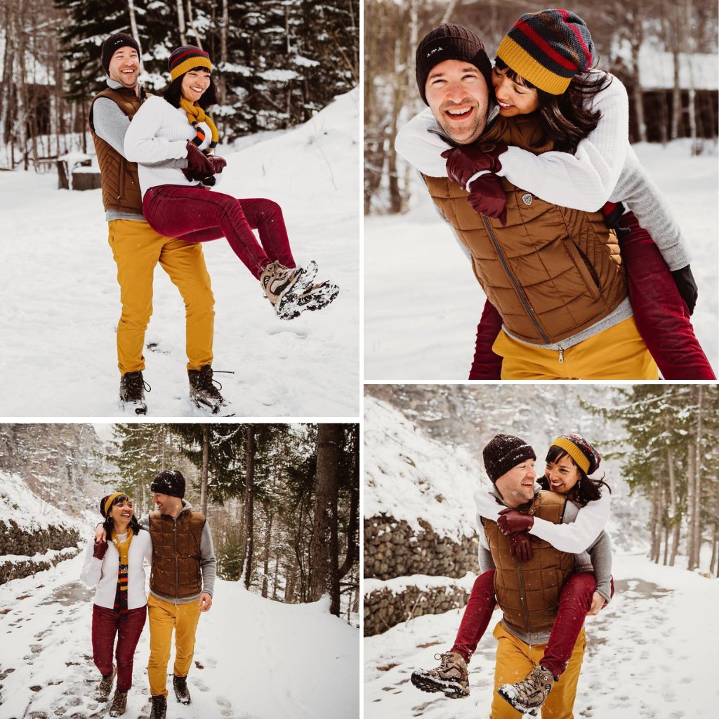 A couple dressed in bright colored outfits posing for winter engagement photos