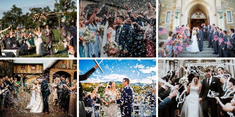 A photo collage showing 6 different wedding ceremony exit ideas including bubbles, confetti, streamers, flower petals, and ribbon wands
