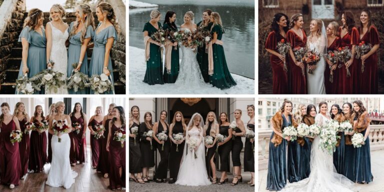 A photo collahe showing six different gorgeous winter wedding colors with bridesmaid dresses and bouquets