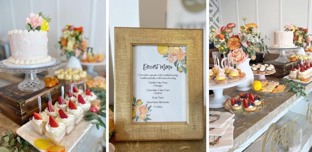 A wedding shower dessert table display with cake, cupcakes, and other treats