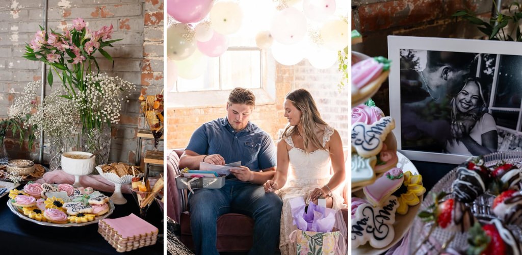 A couple opening gifts at their wedding shower plus some decorations and cookies