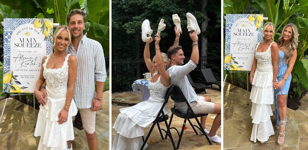 A couple posing together at their couple's wedding shower. They are also playing the shoe game. This is for the blog post called how to plan a wedding shower