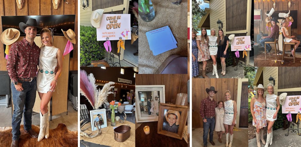 A rustic themed wedding shower with a variety of photos showing the couple posing with guests and some decor