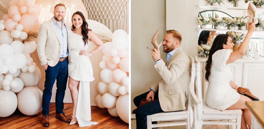 A couple posing at their wedding shower and playing the shoe game together