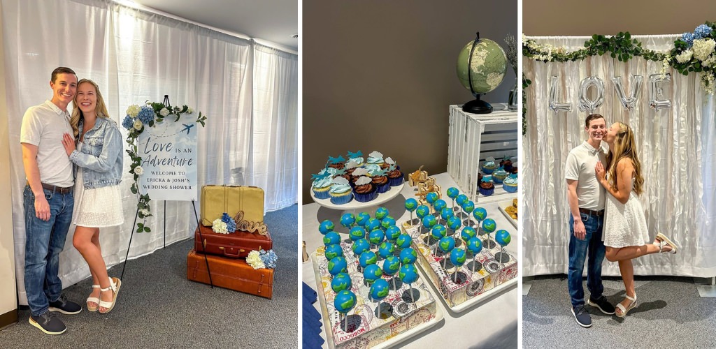 A couple posing at their wedding shower plus some globe cake pops that go with their travel theme