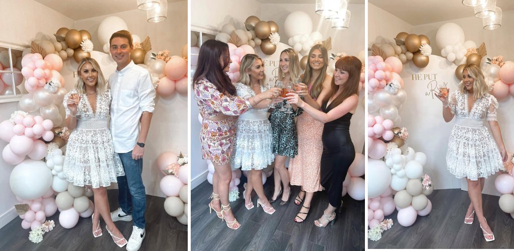 Posed pictures at an engagement party with the couple posing with guests