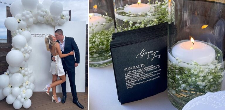 a couple posing in front of balloons at their engagement party and a photo of a fun facts napkin that tells guests some fun fact about the couple