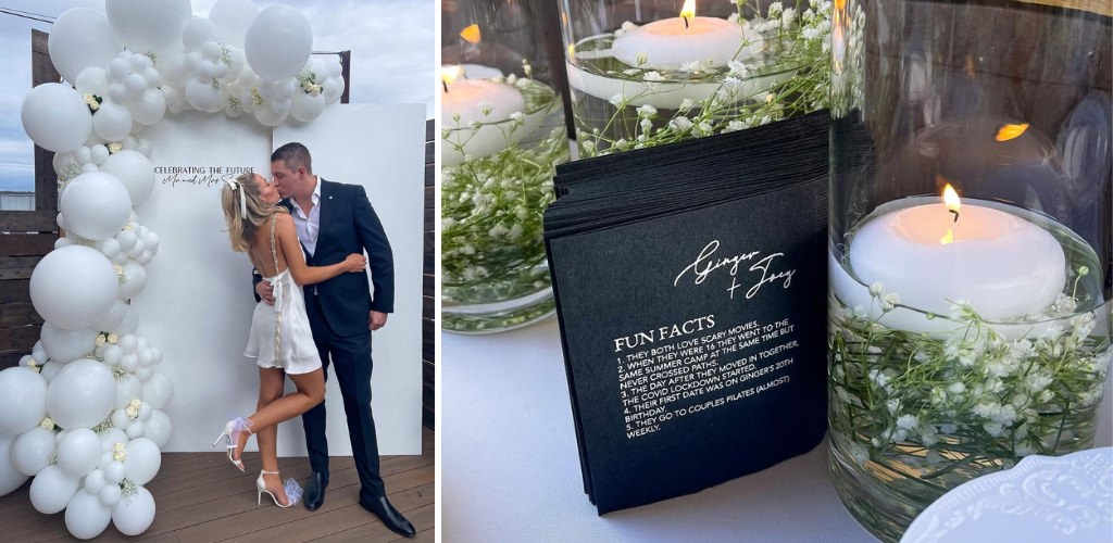 a couple posing in front of balloons at their engagement party and a photo of a fun facts napkin that tells guests some fun fact about the couple