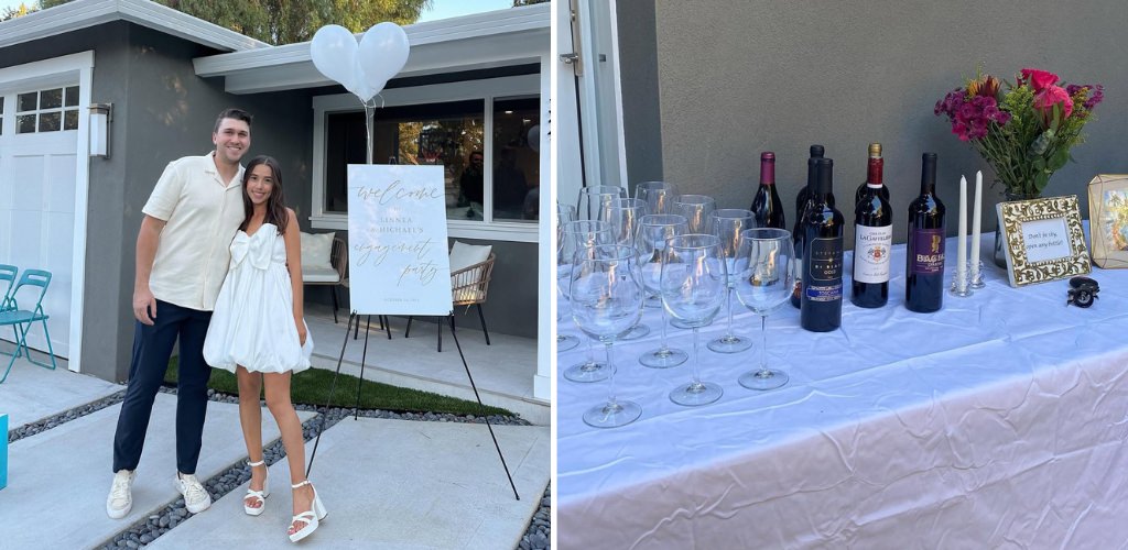 A couple posing in front of their welcome sign at their engagement party