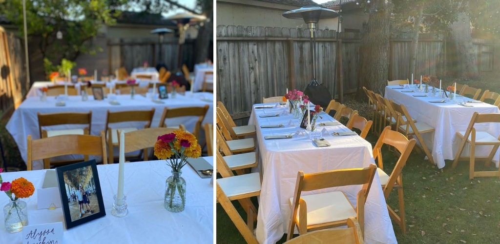 A simple engagement party set up in the backyard of a family member with tables and chairs set up