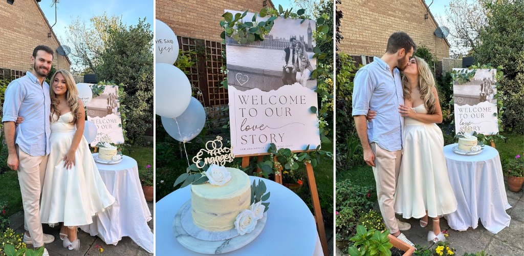 a couple posing for photos at their outdoor engagement party