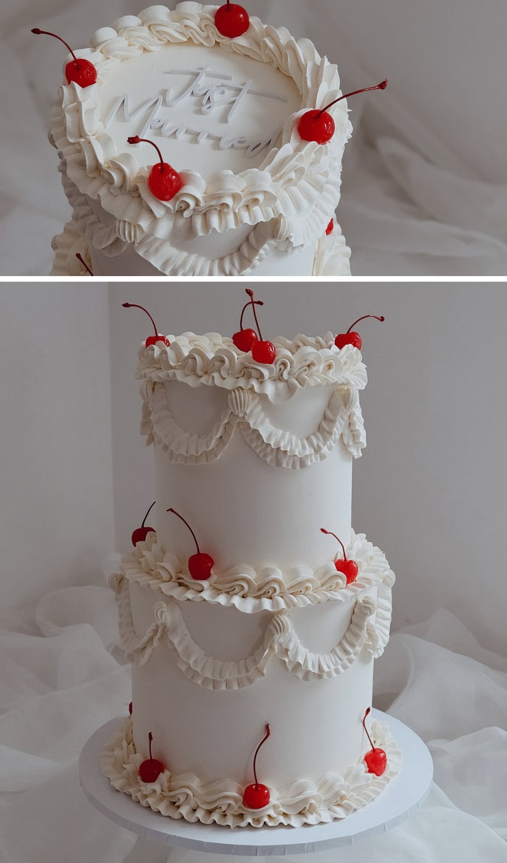 A 2-tier retro wedding cake with vintage piping and red cherries.