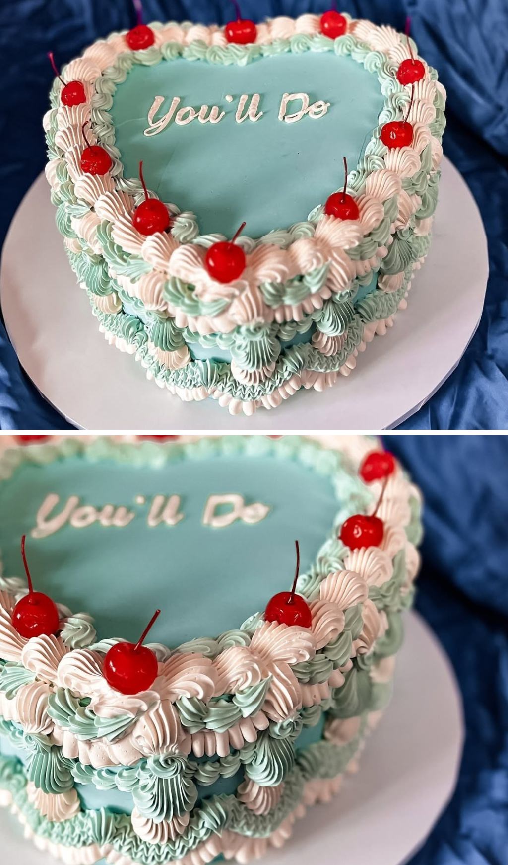 Funny and lighthearted retro wedding cake in the shape of a heart with the text "You'll Do" on it. It also has cherries