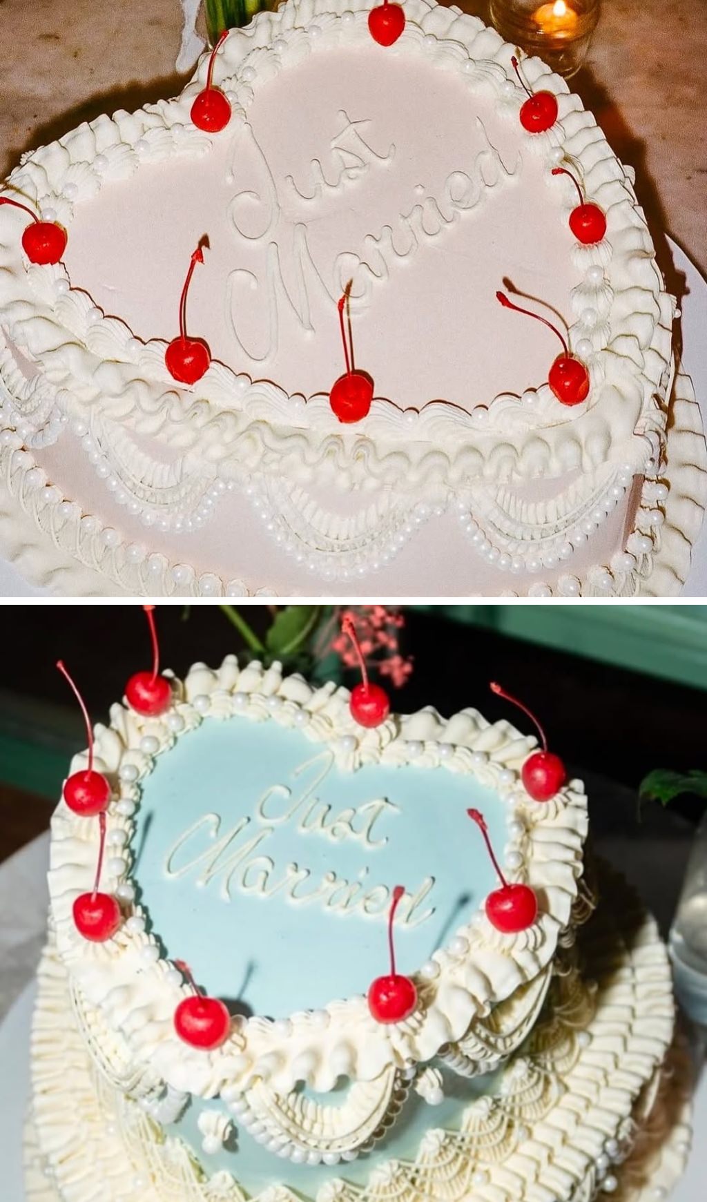 Two separate retro heart-shaped wedding cakes. One in blue and the other in pink. They both have bright cherries on them. They are both 1-tier cakes with a vintage look.
