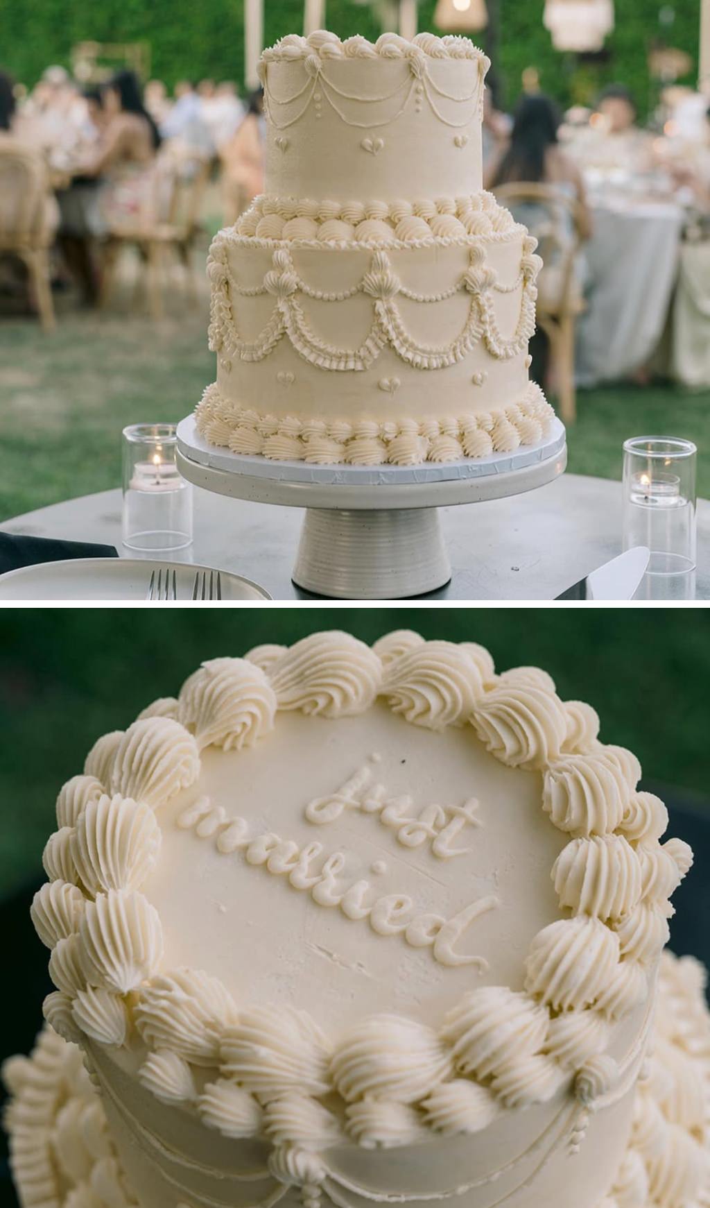 A cool vintage looking retro wedding cake with 2 tiers and it says just married on top