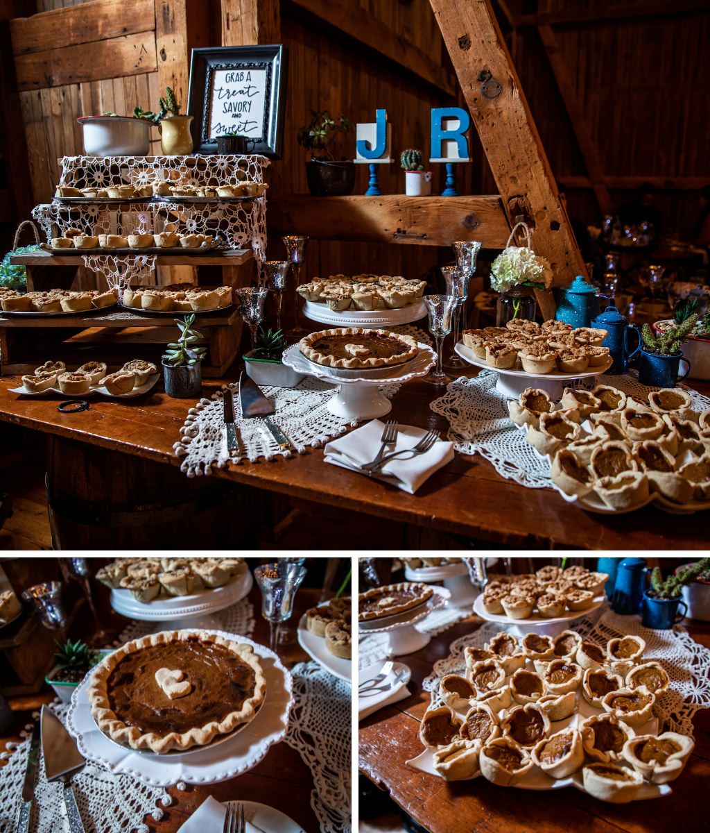 A rustic wedding dessert table with dozens of mini pies for guests and a large pie for the couple to cut instead of a cake