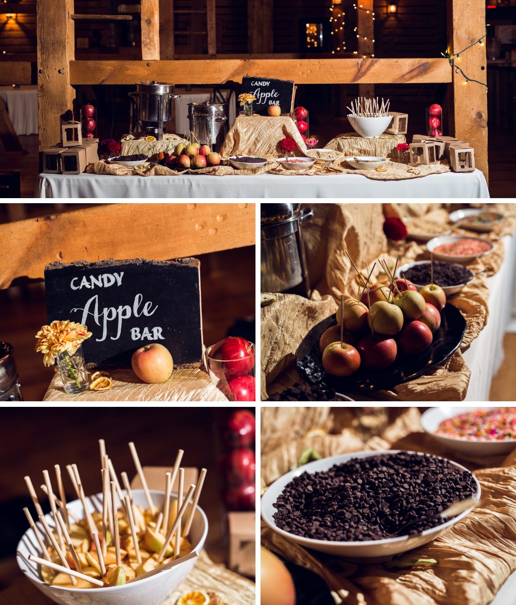 A candy apple bar set up on a table at a rustic barn wedding