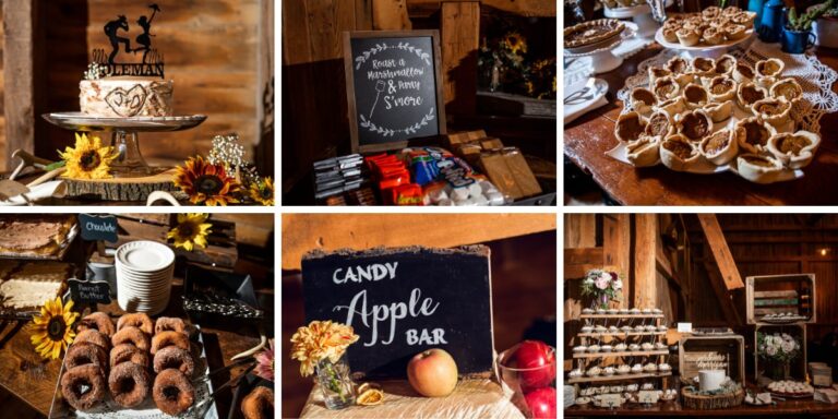 A variety of rustic wedding dessert table ideas in a photo collage