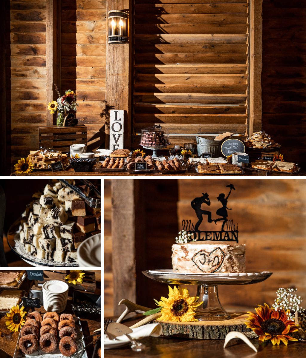 rustic wedding dessert table ideas with donuts, mini desserts, and a cake with a cowboy and cowgirl cake topper