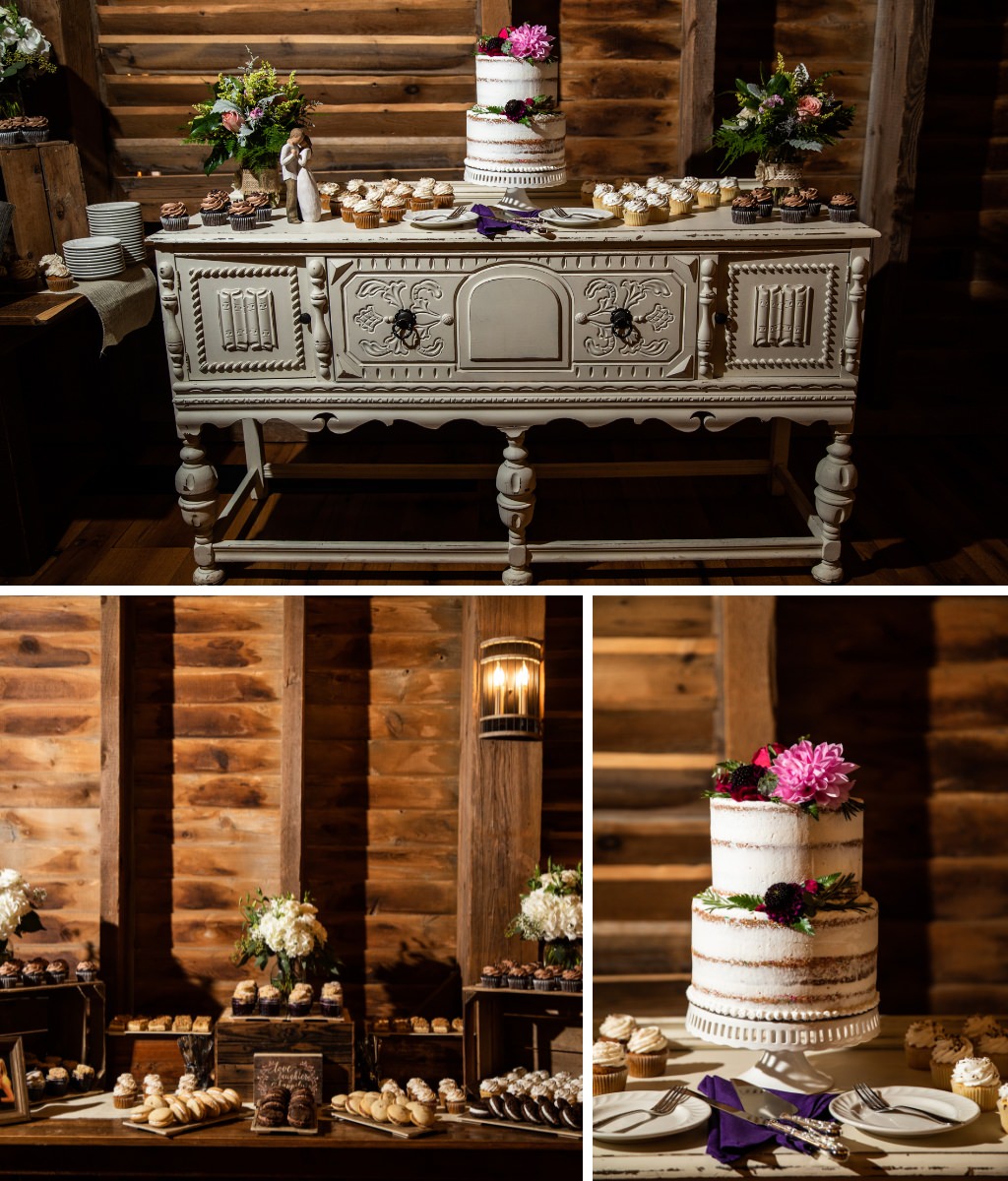 A rustic dessert table at a wedding set up on an antique dresser with a cake and other mini desserts