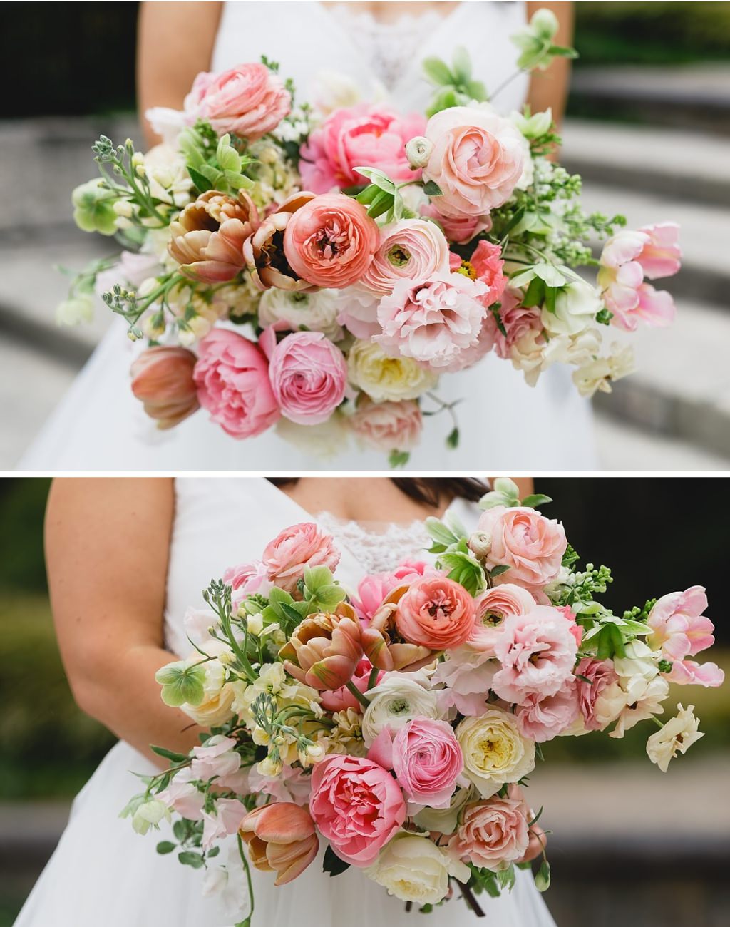 A wedding bouquet photo with pink and blush flowers