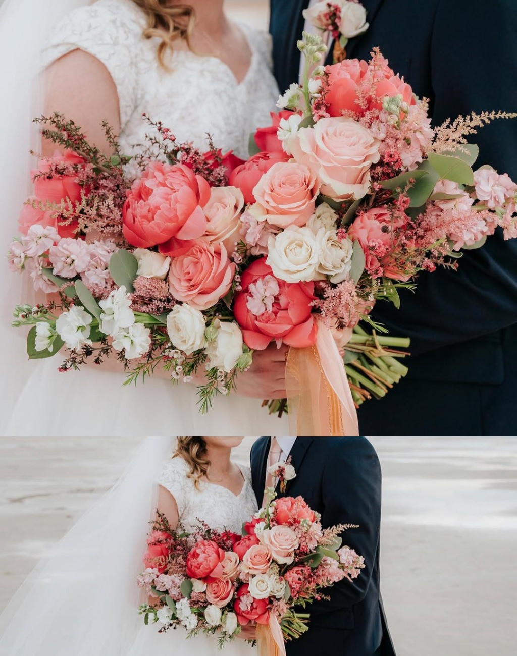 A gorgeous spring wedding bouquet with lots of pink and white flowers