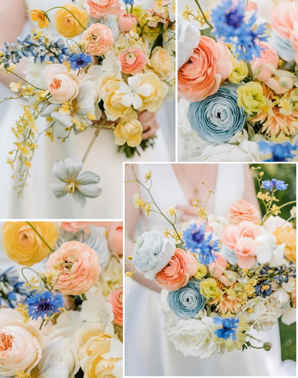 A photo collage showing a bride's wedding bouquet with yellow, blue, and peach flowers