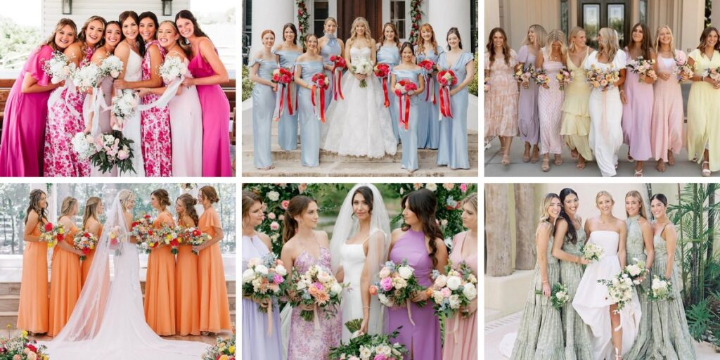 A photo collage showing 6 different spring wedding color combos in a variety of different color palettes