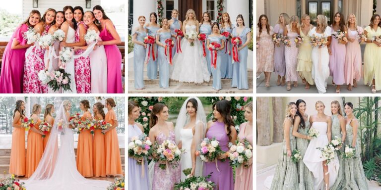 A photo collage showing 6 different spring wedding color combos in a variety of different color palettes