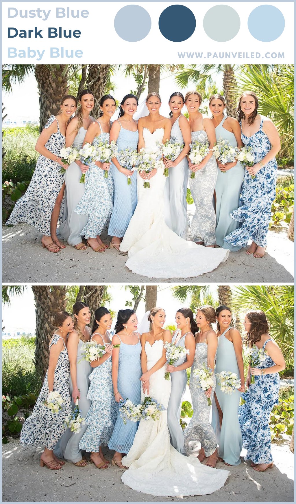 A bride posing with bridesmaids outdoors. The girls are wearing mismatched bridesmaid dresses in different shades of blue