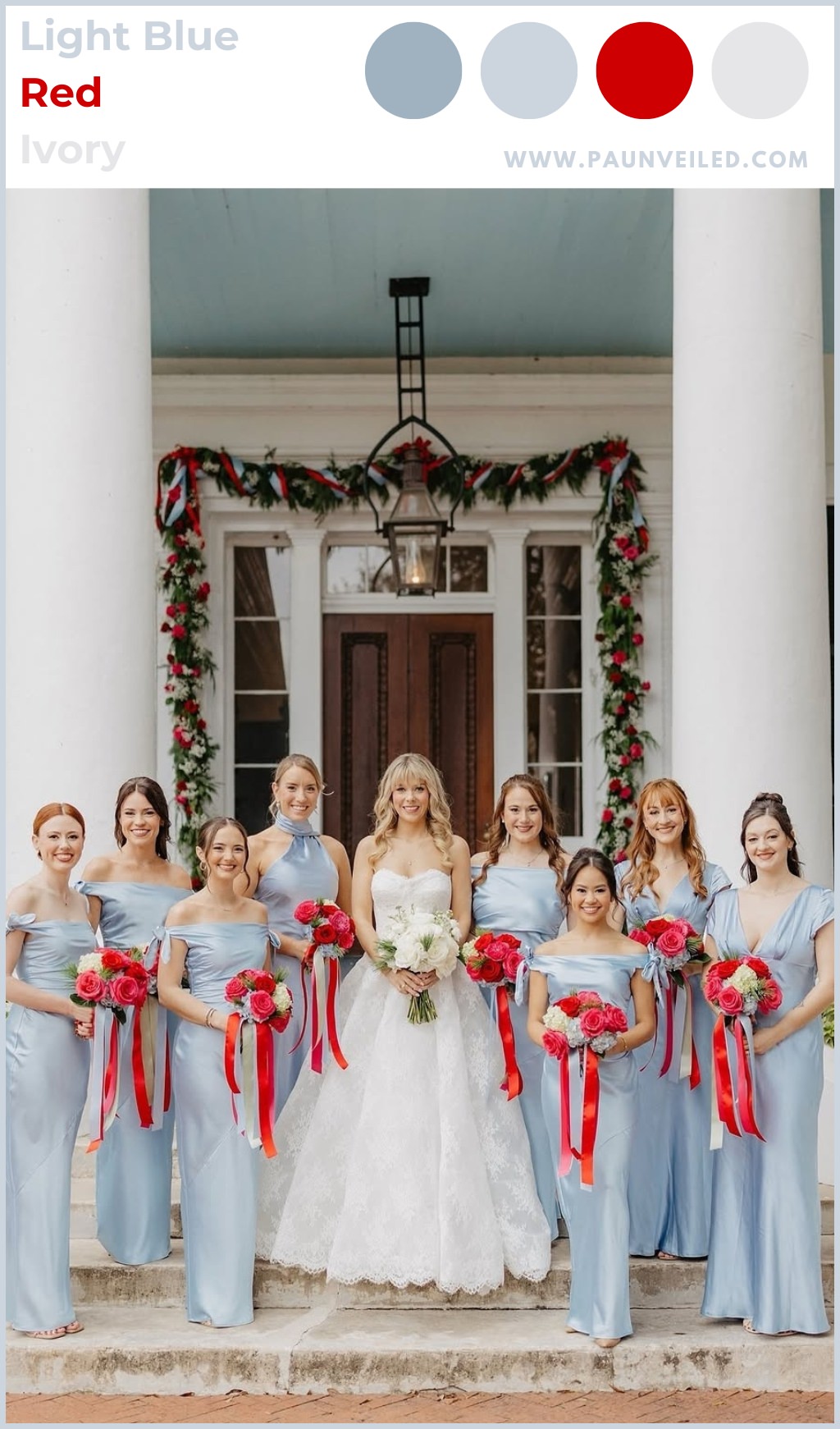 A bride and bridesmaids posing. The bridesmaids are wearing light blue bridesmaid dresses and holding red bouquets with red ribbons. This is for the article called spring wedding color combos
