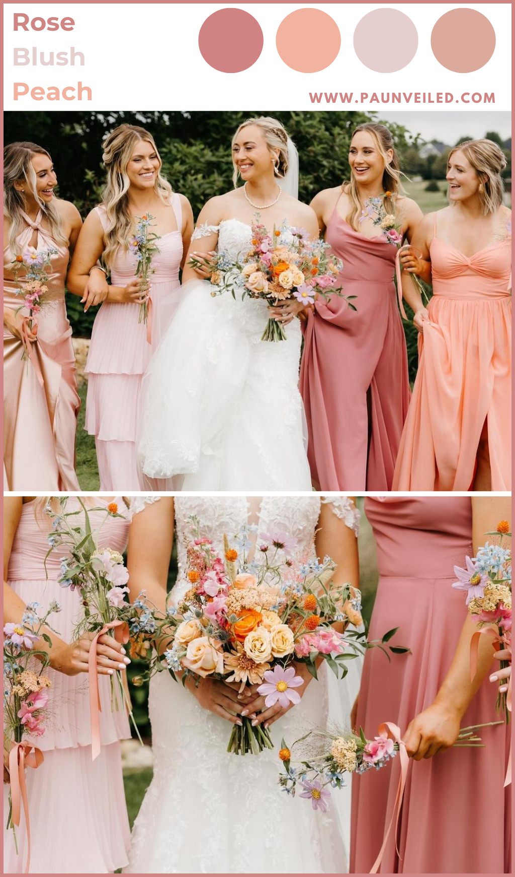 A bride and bridesmaids wearing mismatched spring palette dresses smiling